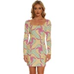 Abstract Pattern Design Scrapbooking Long Sleeve Square Neck Bodycon Velvet Dress