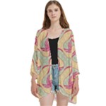 Abstract Pattern Design Scrapbooking Open Front 3/4 Sleeve Batwing Chiffon Cardigan Kimono