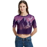 Mountain Night Crescent Moon Women s Round Neck Short Sleeve Crop Top