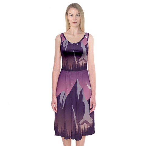 Mountain Night Crescent Moon Midi Sleeveless Dress from ArtsNow.com