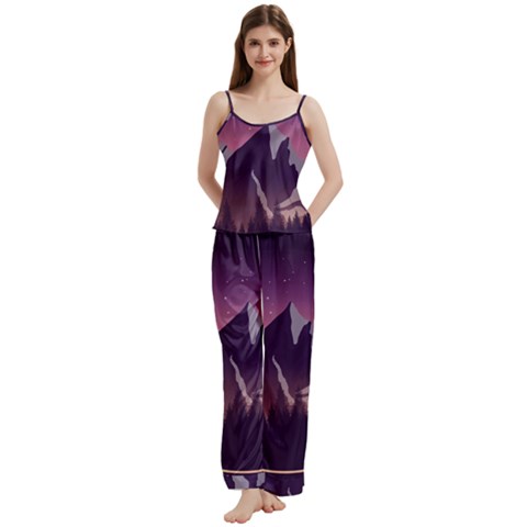 Mountain Night Crescent Moon Spaghetti Top Long Pants Satin Pajamas Set from ArtsNow.com