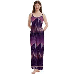 Mountain Night Crescent Moon Spaghetti Top Long Pants Satin Pajamas Set from ArtsNow.com