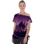 Mountain Night Crescent Moon Off Shoulder Tie-Up T-Shirt