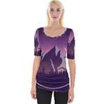 Mountain Night Crescent Moon Wide Neckline T-Shirt