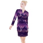 Mountain Night Crescent Moon Button Long Sleeve Dress