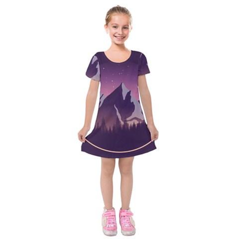 Mountain Night Crescent Moon Kids  Short Sleeve Velvet Dress from ArtsNow.com