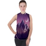 Mountain Night Crescent Moon Mock Neck Chiffon Sleeveless Top