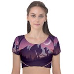 Mountain Night Crescent Moon Velvet Short Sleeve Crop Top 