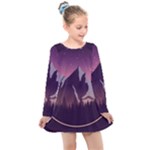 Mountain Night Crescent Moon Kids  Long Sleeve Dress