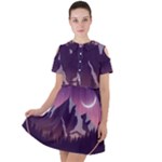 Mountain Night Crescent Moon Short Sleeve Shoulder Cut Out Dress 