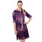 Mountain Night Crescent Moon Long Sleeve Mini Shirt Dress