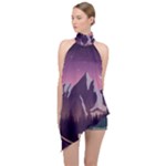 Mountain Night Crescent Moon Halter Asymmetric Satin Top