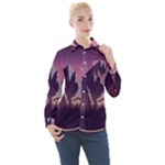 Mountain Night Crescent Moon Women s Long Sleeve Pocket Shirt