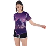 Mountain Night Crescent Moon Asymmetrical Short Sleeve Sports T-Shirt