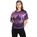 Mountain Night Crescent Moon One Shoulder Cut Out T-Shirt