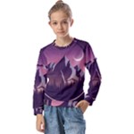 Mountain Night Crescent Moon Kids  Long Sleeve T-Shirt with Frill 