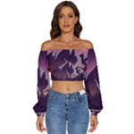 Mountain Night Crescent Moon Long Sleeve Crinkled Weave Crop Top