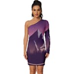 Mountain Night Crescent Moon Long Sleeve One Shoulder Mini Dress