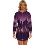 Mountain Night Crescent Moon Womens Long Sleeve Shirt Dress