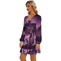 Long Sleeve Waist Tie Ruffle Velvet Dress 