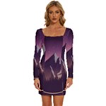 Mountain Night Crescent Moon Long Sleeve Square Neck Bodycon Velvet Dress