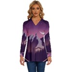 Mountain Night Crescent Moon Long Sleeve Drawstring Hooded Top