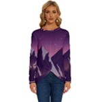 Mountain Night Crescent Moon Long Sleeve Crew Neck Pullover Top