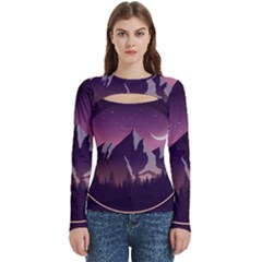 Mountain Night Crescent Moon Women s Cut Out Long Sleeve T