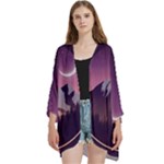 Mountain Night Crescent Moon Open Front 3/4 Sleeve Batwing Chiffon Cardigan Kimono