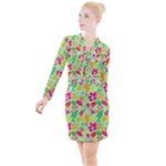 Flower Flora Floral Nature Pattern Seamless Button Long Sleeve Dress