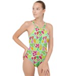 Flower Flora Floral Nature Pattern Seamless High Neck One Piece Swimsuit