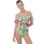 Flower Flora Floral Nature Pattern Seamless Frill Detail One Piece Swimsuit