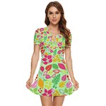 Flower Flora Floral Nature Pattern Seamless V-Neck High Waist Chiffon Mini Dress