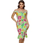 Flower Flora Floral Nature Pattern Seamless Off Shoulder Ruffle Split Hem Bodycon Dress