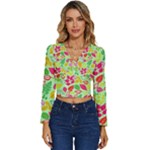 Flower Flora Floral Nature Pattern Seamless Long Sleeve V-Neck Top