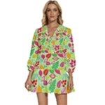 Flower Flora Floral Nature Pattern Seamless V-Neck Placket Mini Dress