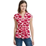 Hearts Valentine Pattern Seamless Women s Cap Sleeve Mandarin Collar Waist Tie Blouse