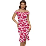 Hearts Valentine Pattern Seamless Off Shoulder Ruffle Split Hem Bodycon Dress