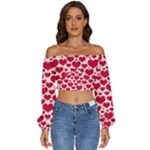 Hearts Valentine Pattern Seamless Long Sleeve Crinkled Weave Crop Top