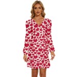 Hearts Valentine Pattern Seamless Long Sleeve Waist Tie Ruffle Velvet Dress