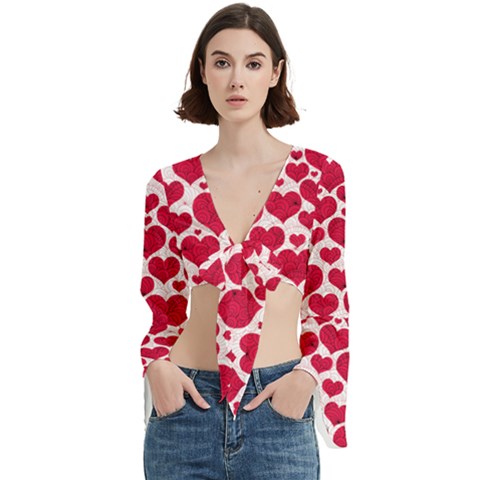 Hearts Valentine Pattern Seamless Trumpet Sleeve Cropped Top from ArtsNow.com