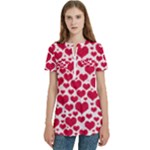 Hearts Valentine Pattern Seamless Women s Zip Front V-Neck Short Sleeve Casual Top Pocket Shirt