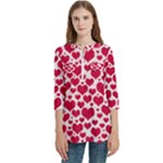 Hearts Valentine Pattern Seamless Women s Zip Front V-Neck 3/4 Sleeve Casual Top Pocket Shirt