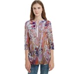 Pour Flames Women s Zip Front V-Neck 3/4 Sleeve Casual Top Pocket Shirt