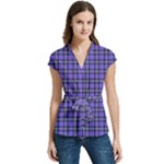 Blue Tartan Plaid 1 Women s Cap Sleeve Mandarin Collar Waist Tie Blouse