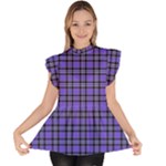 Blue Tartan Plaid 1 Ruffle Collar Short Sleeve Chiffon Top