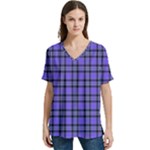 Blue Tartan Plaid 1 V-Neck Split Shoulder Casual T-Shirt