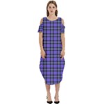 Blue Tartan Plaid 1 Cold Shoulder Loose Fit Dress With Pockets