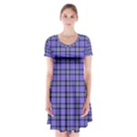 Blue Tartan Plaid 1 Short Sleeve V-neck Flare Dress