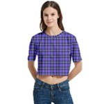 Blue Tartan Plaid 1 Women s Round Neck Short Sleeve Crop Top